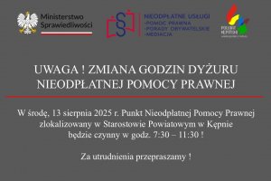 UWAGA ! Zmiana godzin dyżuru nieodpłatnej pomocy