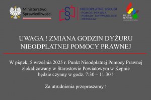 UWAGA ! Zmiana godzin dyżuru nieodpłatnej pomocy